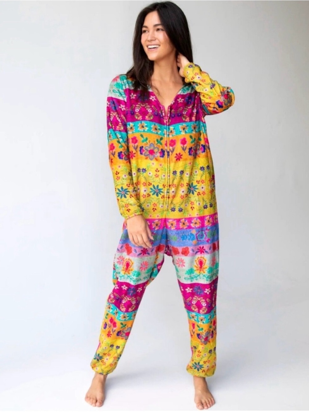 Natural Life Fleece One Piece Pajama Jumpsuit Floral Magenta Border Boho M